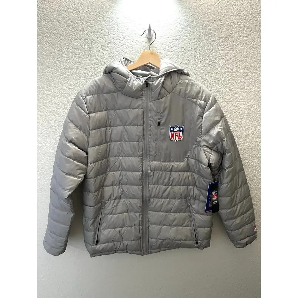 NWT NFL Shield Puffer Jacket M Silver Gray Hooded Quilted Coat Ultra Game $140 - Picture 2 of 10